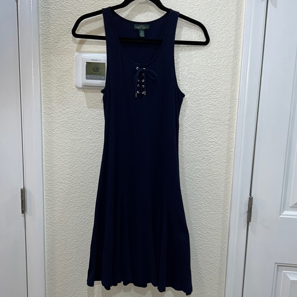 Ralph Lauren navy blue sleeveless stretch dress with a flared hemline.